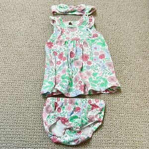 Sterling Baby Floral Sleeveless Baby Girl Dress, Diaper Cover, and Headband 9m